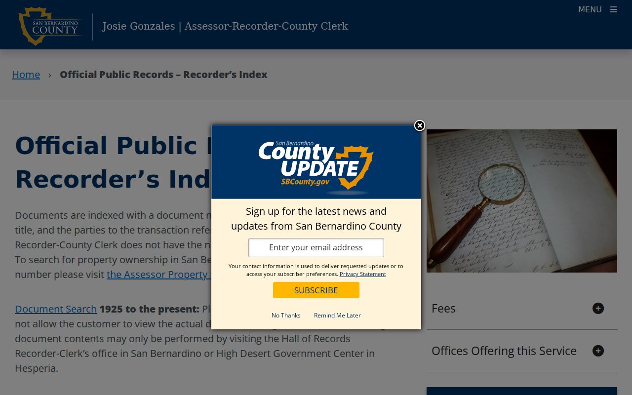 Redlands residents directory view of San Bernardino County recorder records
