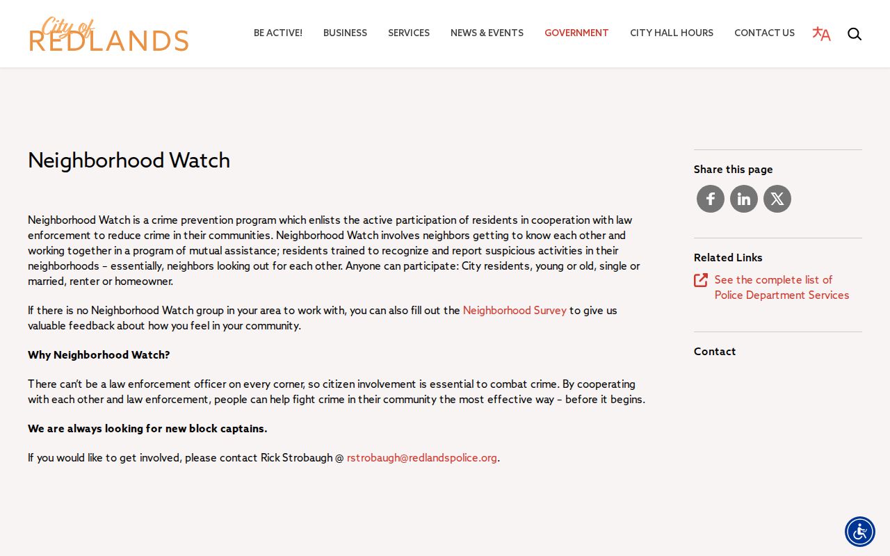 Redlands neighbors Neighborhood Watch information