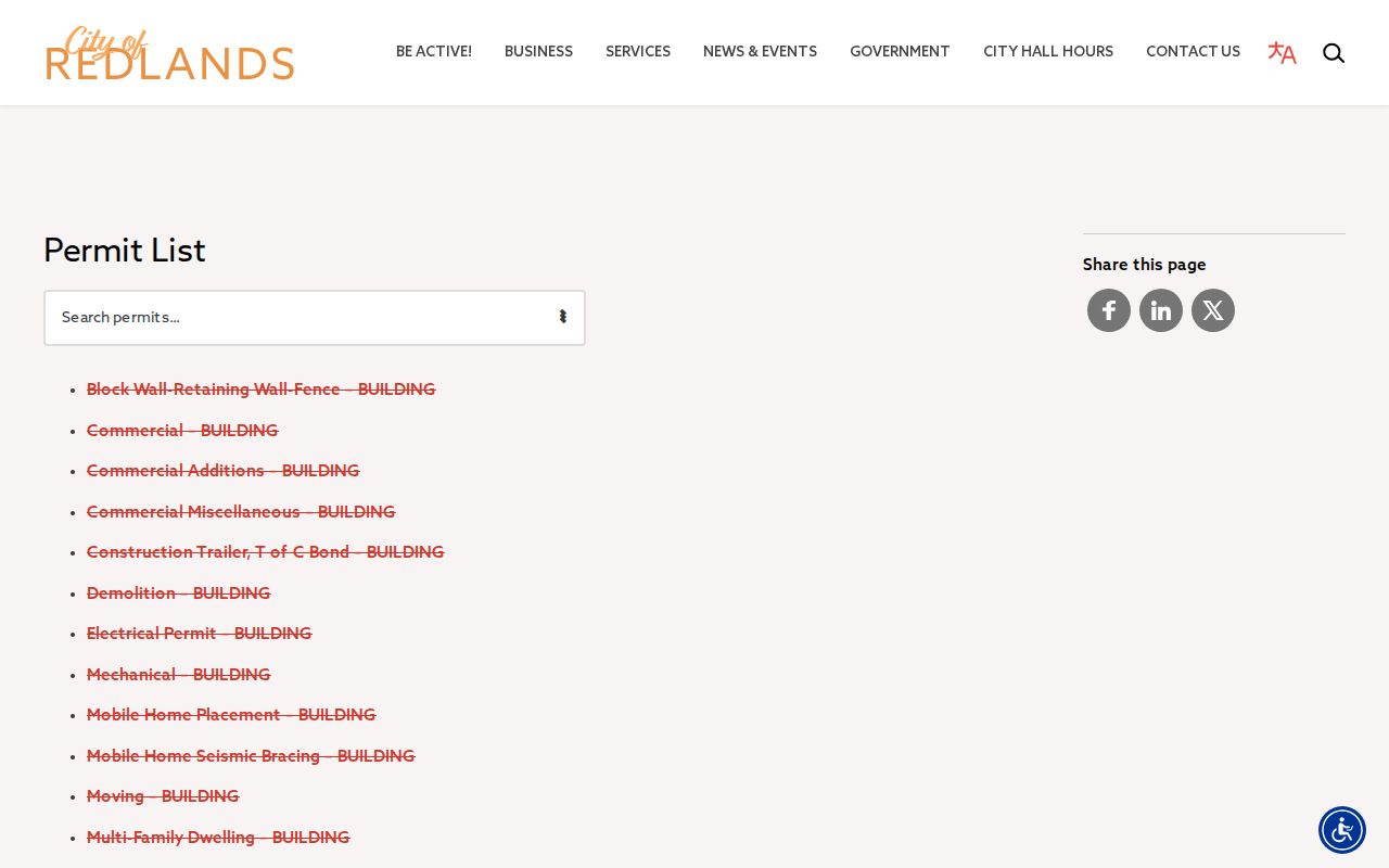 Redlands street directory searchable permit type list